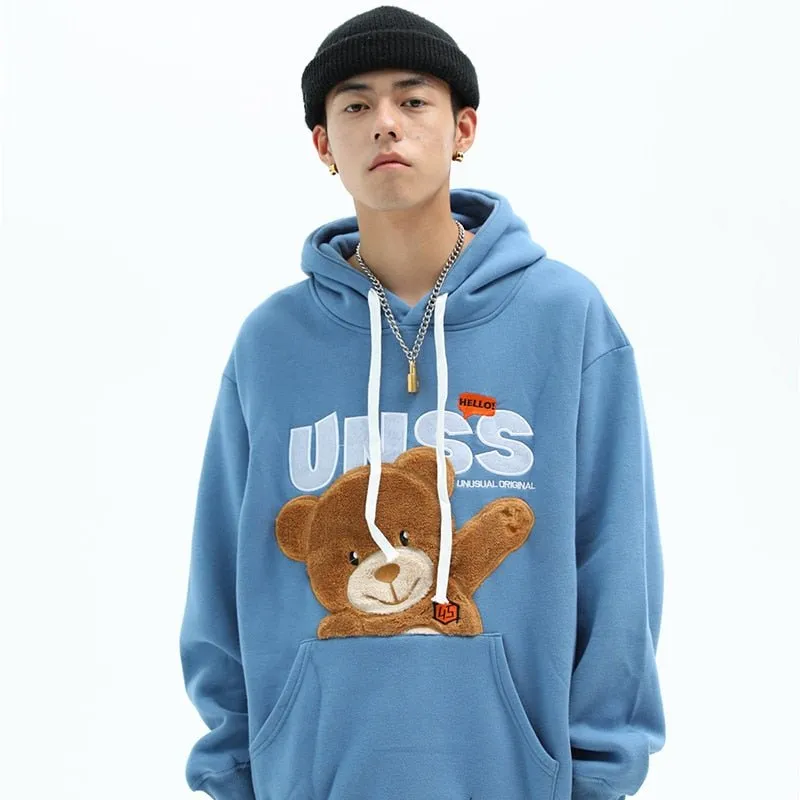 Autumn Hip Hop Hoodie Streetwear Hairy Bear Men Harajuku Hoodie Sweatshirt Black Loose Hooded Pullover Cotton Fleece Winter