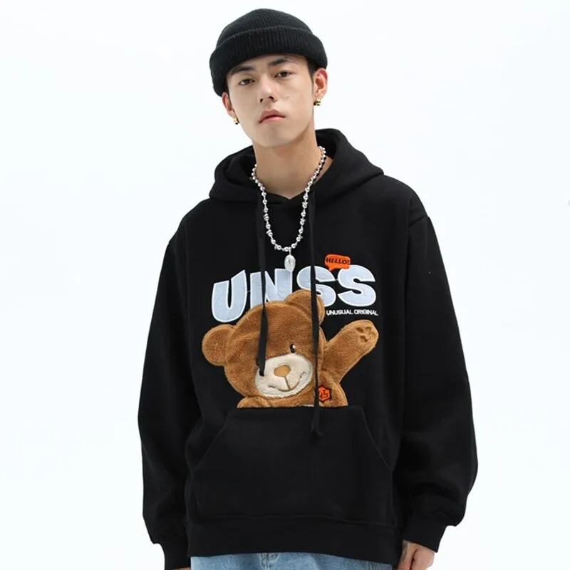 Autumn Hip Hop Hoodie Streetwear Hairy Bear Men Harajuku Hoodie Sweatshirt Black Loose Hooded Pullover Cotton Fleece Winter