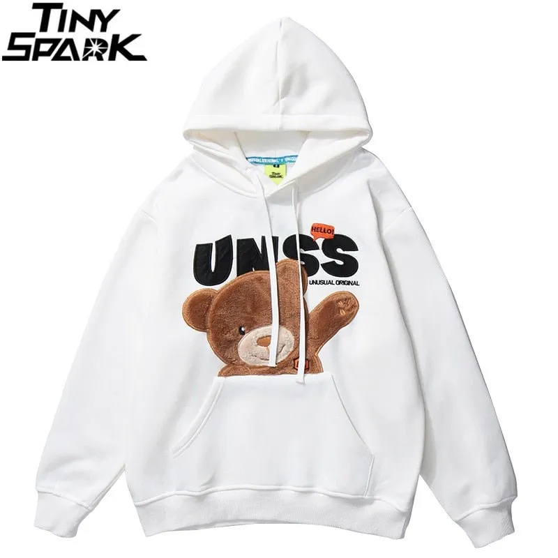 Autumn Hip Hop Hoodie Streetwear Hairy Bear Men Harajuku Hoodie Sweatshirt Black Loose Hooded Pullover Cotton Fleece Winter