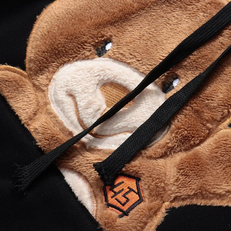 Autumn Hip Hop Hoodie Streetwear Hairy Bear Men Harajuku Hoodie Sweatshirt Black Loose Hooded Pullover Cotton Fleece Winter