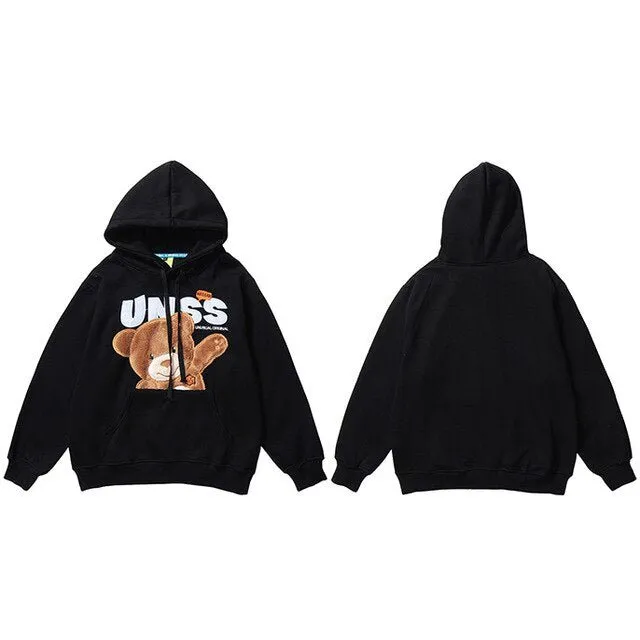 Autumn Hip Hop Hoodie Streetwear Hairy Bear Men Harajuku Hoodie Sweatshirt Black Loose Hooded Pullover Cotton Fleece Winter