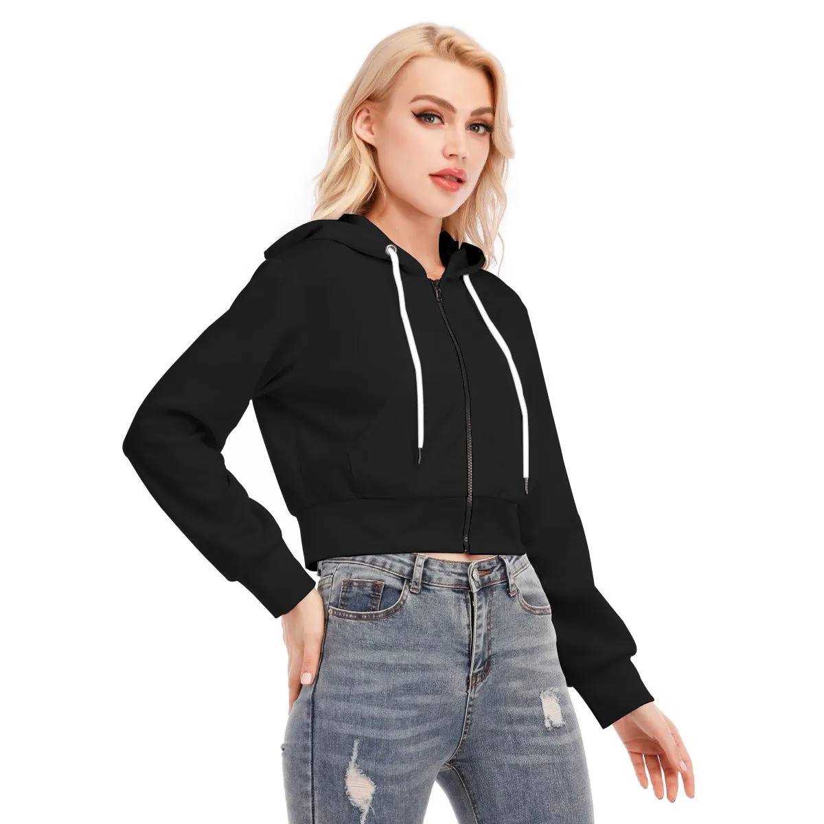 Black Crop Top Hoodie With Zipper Closure