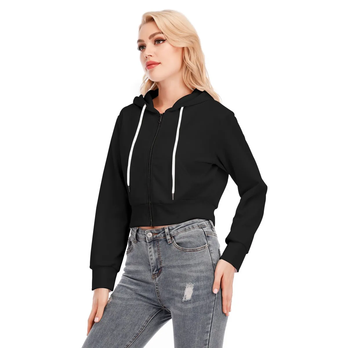 Black Crop Top Hoodie With Zipper Closure