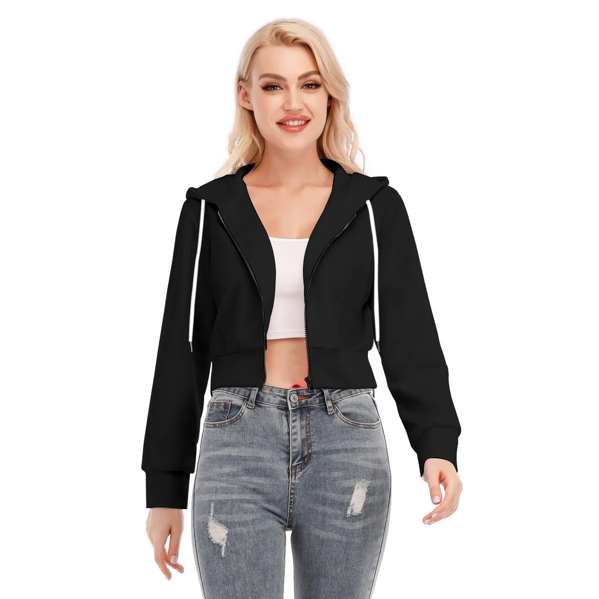 Black Crop Top Hoodie With Zipper Closure
