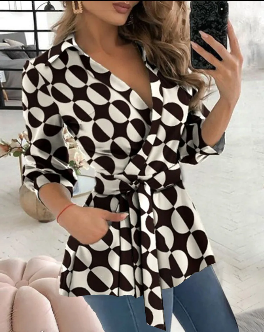 Long Sleeve V-neck Belt Shirt