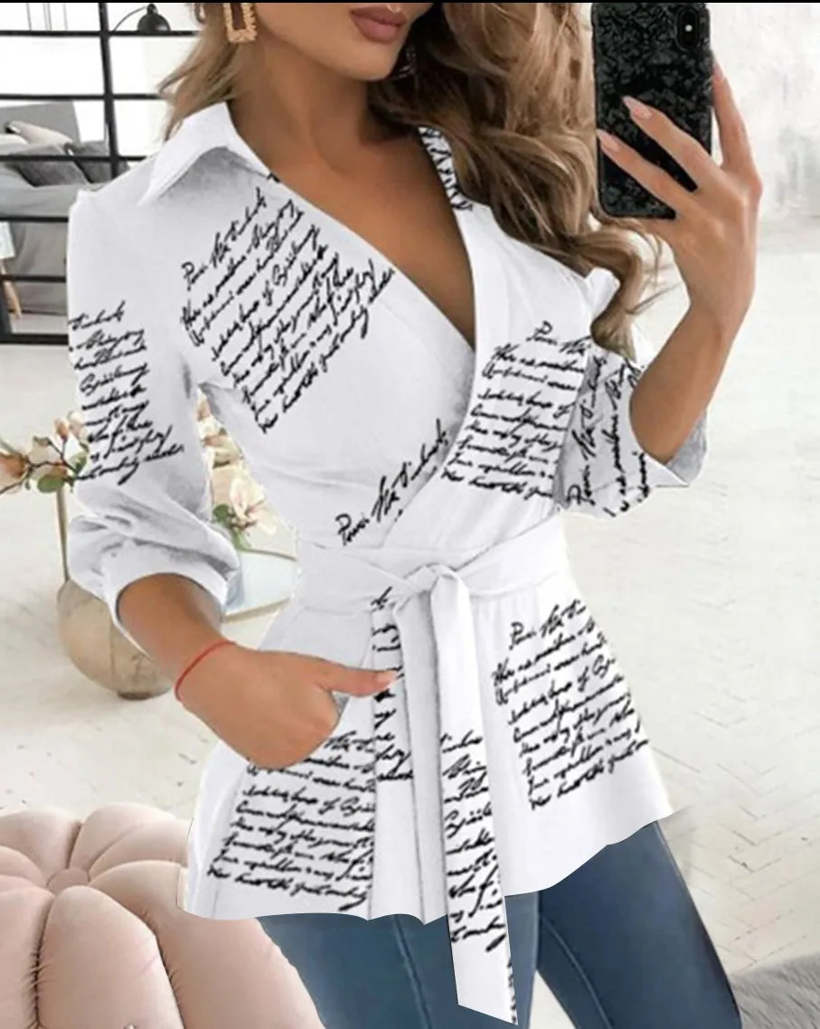 Long Sleeve V-neck Belt Shirt