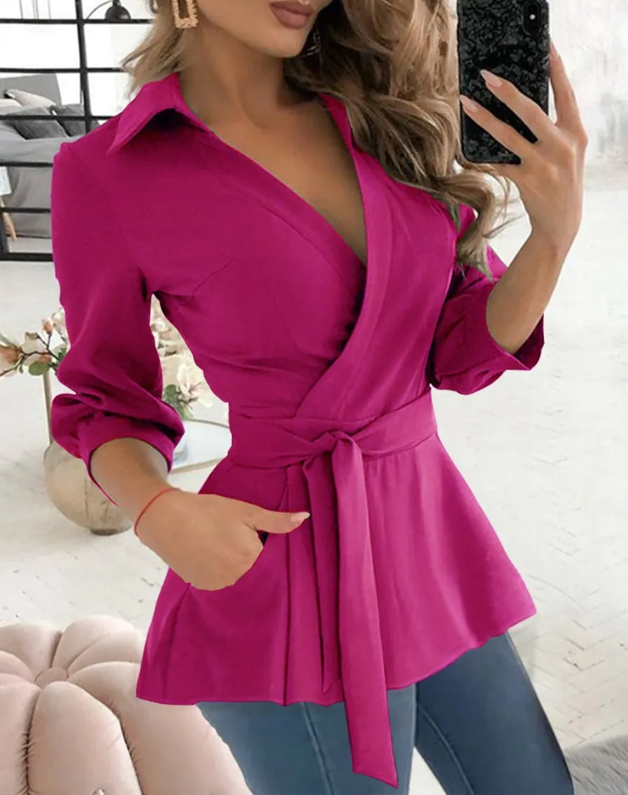 Long Sleeve V-neck Belt Shirt