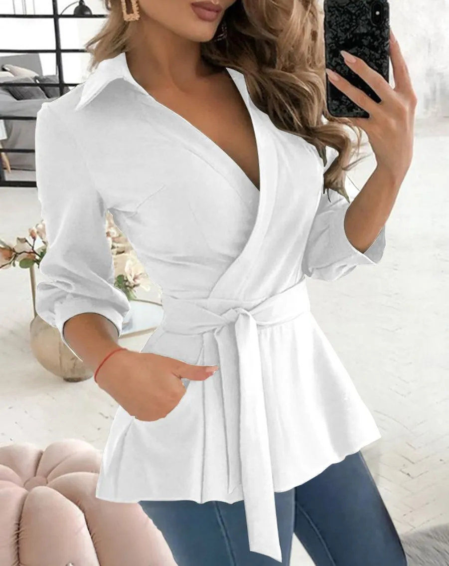 Long Sleeve V-neck Belt Shirt