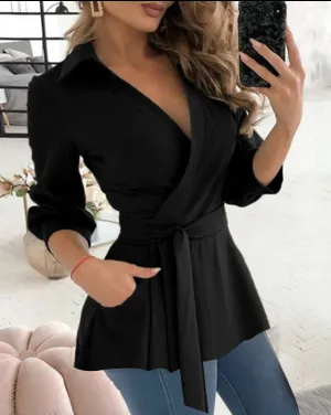 Long Sleeve V-neck Belt Shirt