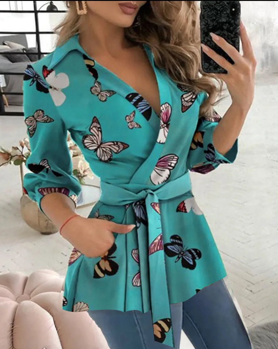 Long Sleeve V-neck Belt Shirt