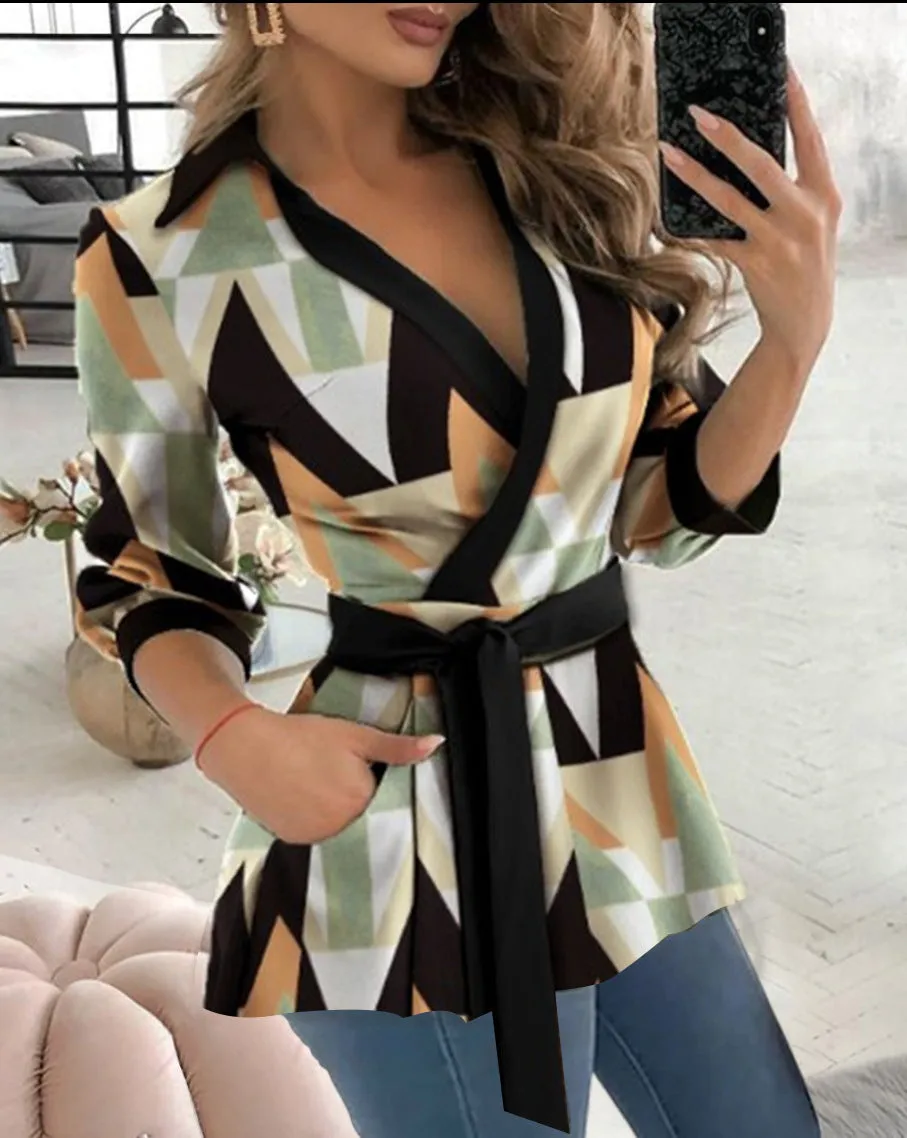 Long Sleeve V-neck Belt Shirt