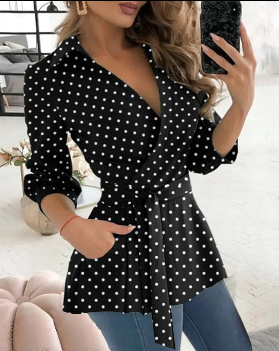 Long Sleeve V-neck Belt Shirt