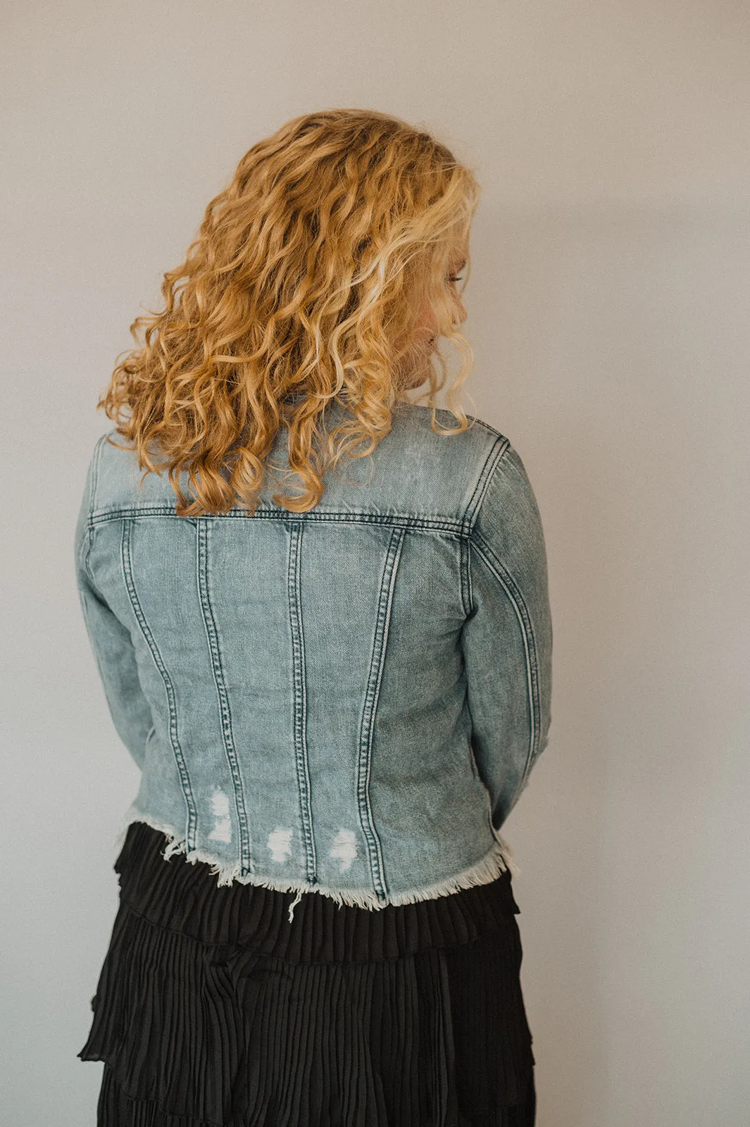 Medium Wash Denim Jacket with Detailed Threading