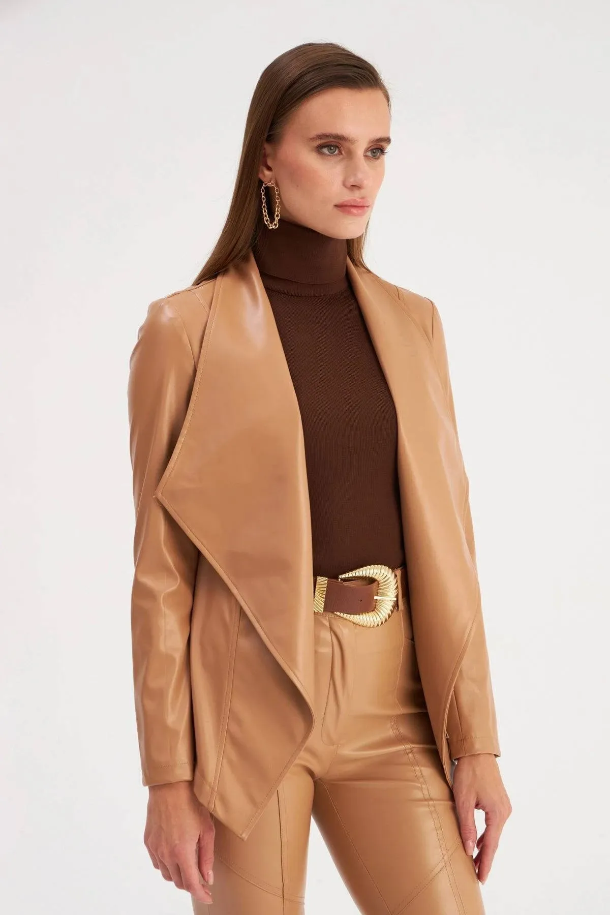 Wide Collar Leather Jacket - Caramel